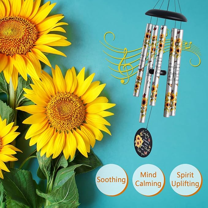 Sunflower Wind Chimes for Outside,Sunshine Gift for Mom,Get Well Soon,Birthday for Women Friends Sister & Coworkers,Thank you,Retirement,Sympathy Gifts Basket,Memorial Wind Chime for loss of Loved One