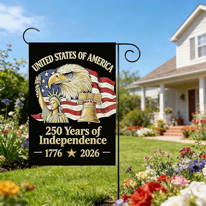 250th Anniversary Garden Flag, 250 Years of Independence Double Sided Garden Flag 12.5x18 Inch, Patriotic Yard Flag with Statue of Liberty, Bald Eagle & Liberty Bell Design, 4th of July Lawn Sign