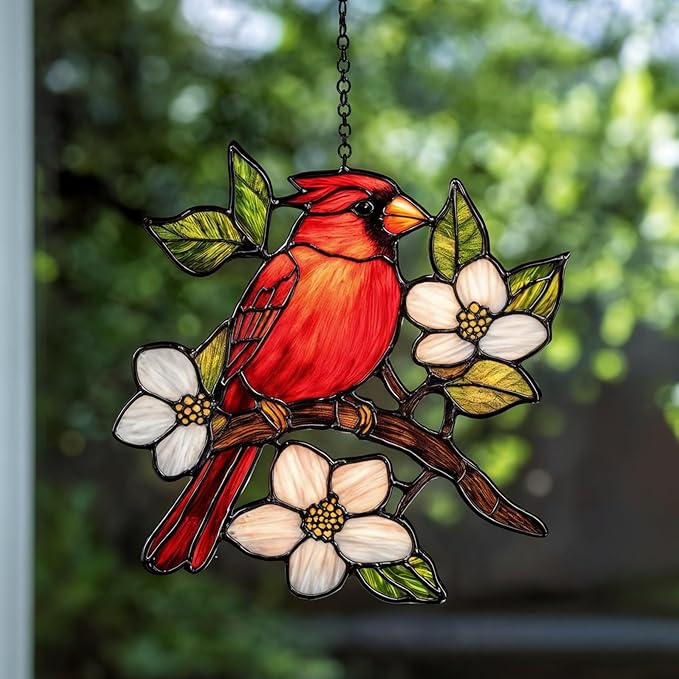 Cardinal Handmade Resin Suncatchers, Artisan Boho Sun Catcher Stained Glass Effect Memorial Window Hanging Garden Decor, Gift for Mother's Day Mom Grandma Wife Women
