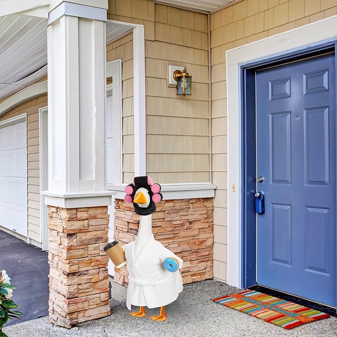 Shyyween Winter Goose Outfit Lady Porch Goose Outfit for 23'' Cement Plastic Geese Statue Clothes White Bathrobe Curlers Coffee Cup for Outdoor Garden Lawn Yard Patio Decoration