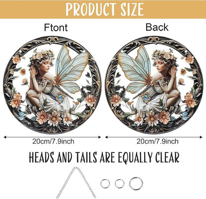 1PC Flower Fairy Acrylic Stained Glass Suncatcher Nature Round Flowers and Girls Suncatcher Hanging Decoration with Metal Chain-SunCatchers for Window Decor Outdoor Garden Decor Gift (B)