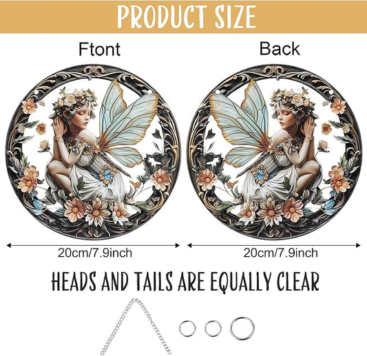 1PC Flower Fairy Acrylic Stained Glass Suncatcher Nature Round Flowers and Girls Suncatcher Hanging Decoration with Metal Chain-SunCatchers for Window Decor Outdoor Garden Decor Gift (B)