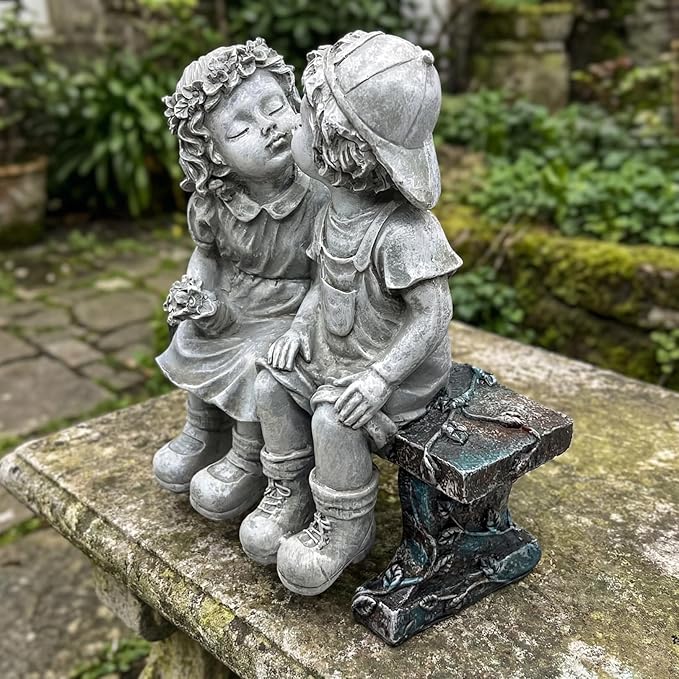 Girl and Boy Sitting on Bench Statues, Fisrt Kiss Sculpture Figurine Decoration for Yard Patio Porch Indoor Outdoor Lawn Bookshelf, 8 1/4" L x 4 3/4" W x 9" H