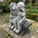 Girl and Boy Sitting on Bench Statues, Fisrt Kiss Sculpture Figurine Decoration for Yard Patio Porch Indoor Outdoor Lawn Bookshelf, 8 1/4" L x 4 3/4" W x 9" H