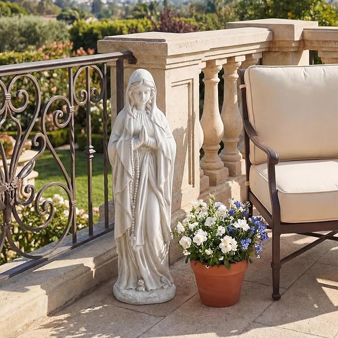 Giantex Virgin Mary Praying Statue 29.5", Blessed Mother Outdoor Religious Statue with Rosary Beads, Weather-Resistant MgO Catholic Yard Decor for Lawn, Patio, Prayer Garden & Memorial, Off White
