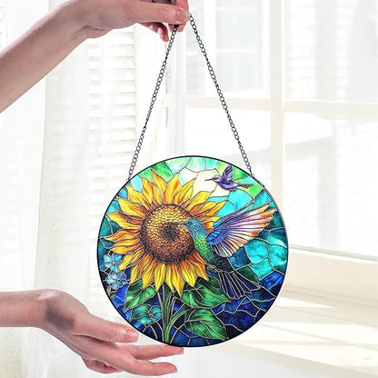 Hummingbird Stained Glass Suncatcher – Sunflower Window Decor, Memorial Hanging Ornament, Bird Lover Gift for Women Adults, Mom, Grandma, Friends, Christmas & Birthday Gifts, Mother’s Day Present