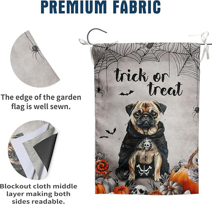 Halloween Pug Garden Flag Trick or Treat Yard Flag Ghost Dog Garden Flags for Outside 12x18 Double Sided Small Dachshund Skeleton Halloween Decor Outdoor Lawn Welcome Flag
