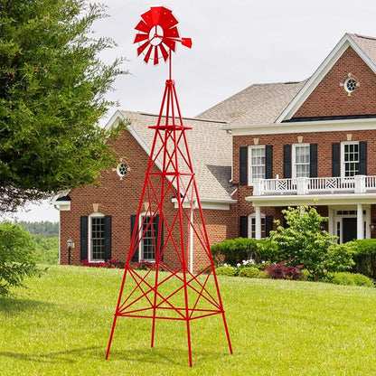 Tangkula 8.3FT Windmill Yard Garden Metal Ornamental Wind Mill Weather Vane Weather Resistant (Red)