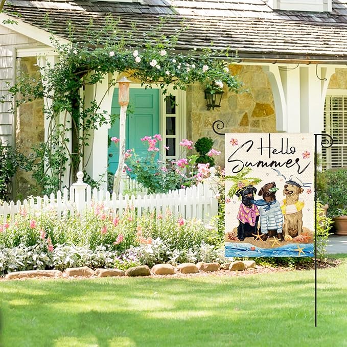 AVOIN colorlife Hello Summer Sea Beach Dogs Garden Flag 12x18 Inch Double Sided Outside, Floral Starfish Seasonal Holiday Yard Outdoor Decoration