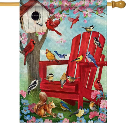 Spring Summer Red Chair Birds Decorative House Flag, Cardinal Blue Jay Squirrel Birdhouse Flowers Garden Yard Outside Decorations, Farmhouse Burlap Outdoor Large Home Decor Double Sided 28 x 40