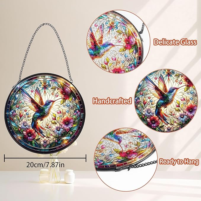 Hummingbird Stained Glass Window Hanging, 8" Round Hummingbird Suncatcher, Floral Decorative Glass Art for Home Garden, Memory Gift for Mom and Grandma