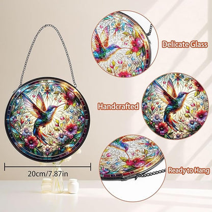 Hummingbird Stained Glass Window Hanging, 8" Round Hummingbird Suncatcher, Floral Decorative Glass Art for Home Garden, Memory Gift for Mom and Grandma