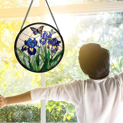 DASTOLL Stained Glass Window Hanging, Blue Purple Butterfly Flower Suncatcher Diamond Colorful Glass Panel Sun Catchers Decor for Birthday for Women, Men, Wife, Aunt, and Mom 7.8 in