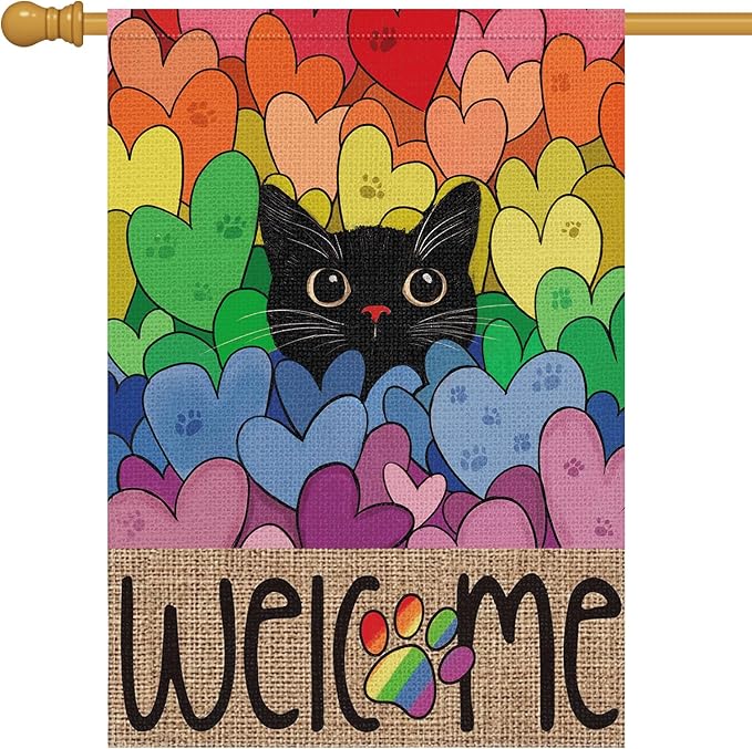 Louise Maelys Pride Month Garden Flag Rainbow Black Cat 28x40 Inch Double Sided Large Burlap Love Heart Gay Lesbian LGBTQ Yard Outdoor Sign Outside Home House Decor