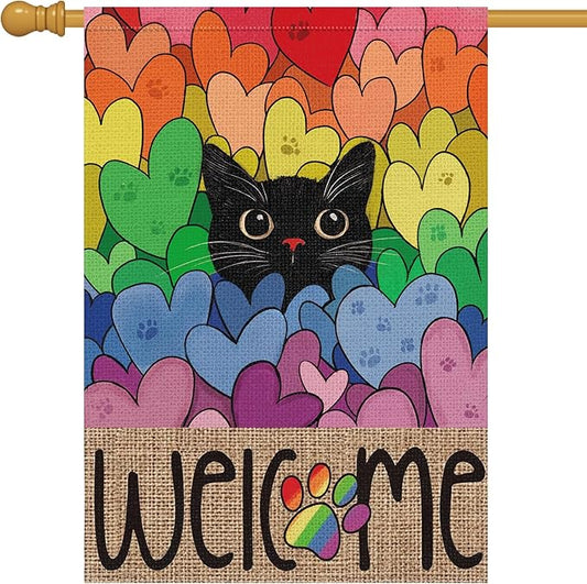 Louise Maelys Pride Month Garden Flag Rainbow Black Cat 28x40 Inch Double Sided Large Burlap Love Heart Gay Lesbian LGBTQ Yard Outdoor Sign Outside Home House Decor