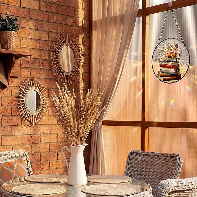 Mifoci 6.3 Inch Stained Glass Window Hanging Vintage Flower Suncatchers Indoor Window Book Lovers Gifts for Room Office Decor Aesthetic