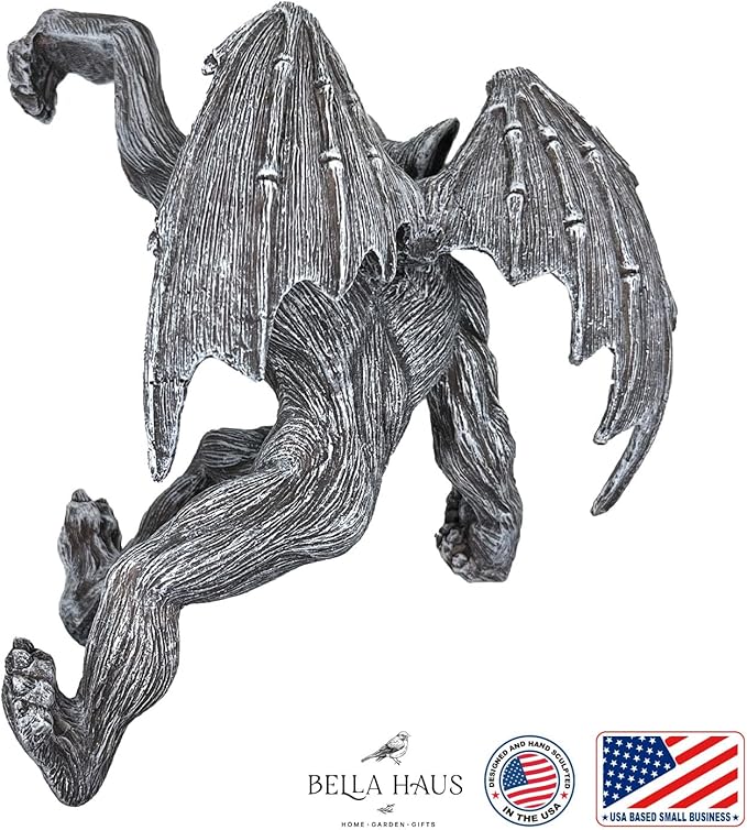 Dragon Winged Gargoyle Fence Hanger – Outdoor Wall Decor- Detailed Fence Topper Hanging Statue- Gothic Climbing Grotesque Dragon for Fence, Garden Patio, Porch (10" Gargoyle)