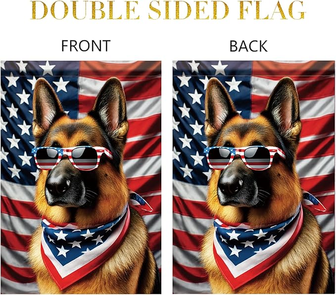 Patriotic 4th of July Garden Flag German Shepherd Dog American Flag Glasses 12x18 Inch Double Sided Seasonal Summer Yard Flag Outdoor Decoration for Porch Lawn Patio Independence Day