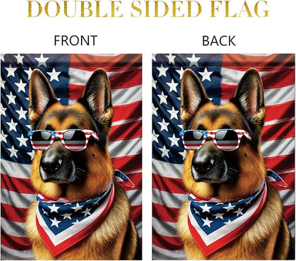 Patriotic 4th of July Garden Flag German Shepherd Dog American Flag Glasses 12x18 Inch Double Sided Seasonal Summer Yard Flag Outdoor Decoration for Porch Lawn Patio Independence Day