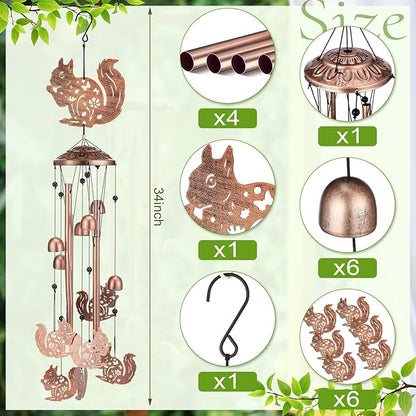 Squirrel Wind Chimes Outdoor Decoration for Women Men Mom Wife Grandma Birthday Gifts Memorial Metal Squirrel Wind Chimes for Outside Indoors, Lawn, Patio, Home, Porch, Yard Decor, Garden Decor
