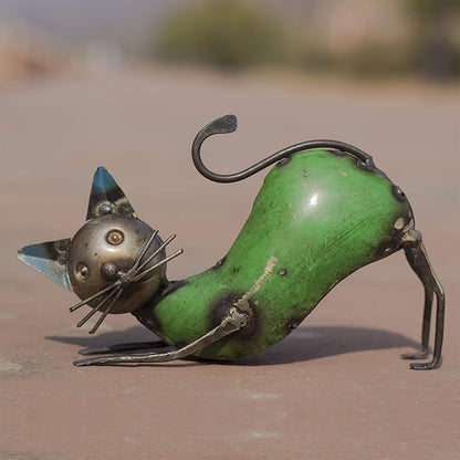 DeKulture Handcrafted Metal Cat Figurine (Pandiculated Inches) - Decorative Statue for Home & Garden (8.2x2x5.5 Inches)