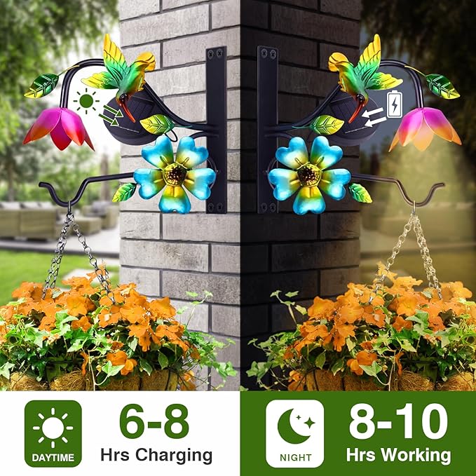 Lewondr Plant Hangers with Solar Light,9 Inch Metal Hanging Plant Bracket Outside,Hummingbird Plant Wall Hook Solar Lights Outdoor for Wall,Flower Basket,Bird Feeder,Lantern,Wind Chime,2 Pack