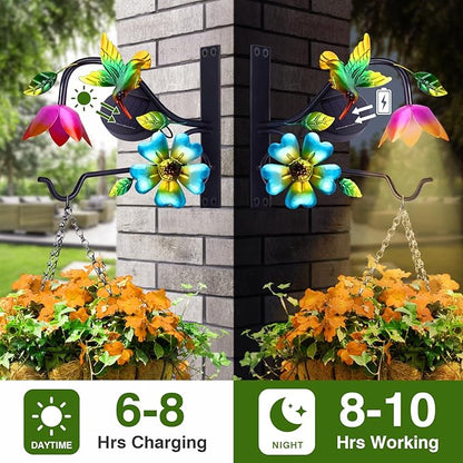 Lewondr Plant Hangers with Solar Light,9 Inch Metal Hanging Plant Bracket Outside,Hummingbird Plant Wall Hook Solar Lights Outdoor for Wall,Flower Basket,Bird Feeder,Lantern,Wind Chime,2 Pack