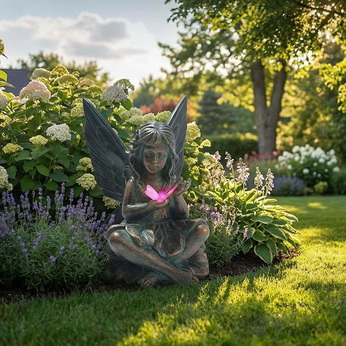 Oinas Solar Fairy Garden Statue Decor - Resin Fairy Figurines with Butterfly Light, 8.5 in Angel Fairy Outdoor Decor, Birthdays, Valentine's Day Garden Sculpture Gifts for Women