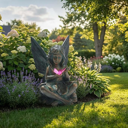 Oinas Solar Fairy Garden Statue Decor - Resin Fairy Figurines with Butterfly Light, 8.5 in Angel Fairy Outdoor Decor, Birthdays, Valentine's Day Garden Sculpture Gifts for Women