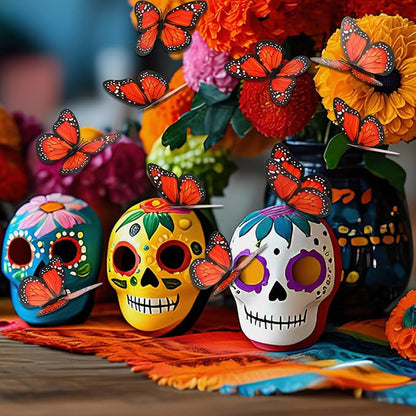 Augshy 75pcs 3D Monarch Butterfly Stakes Artificial Garden Monarch Butterfly Decorations for Day of The Dead Dia De Los Muertos Decor Halloween Party Supplies (3 Size)
