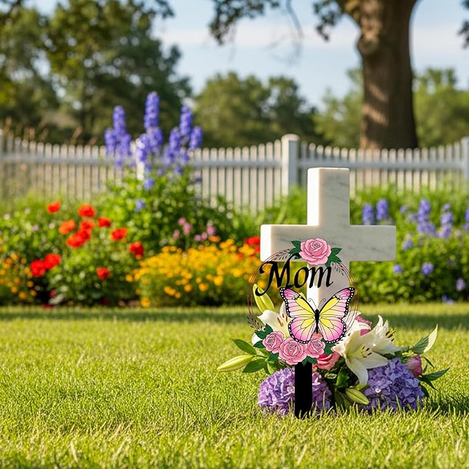 Butterfly Memorial Grave Stake for Mom - Metal Cemetery Decoration with MOM Letters, Sympathy Grave Marker, Rust-Resistant Outdoor Tribute(Butterfly Mom)