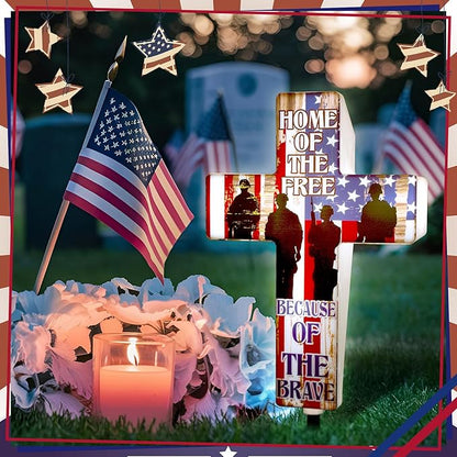DoubleFill Memorial Day Cross Garden Stake Patriotic Solar Lighted Home of Free Memorial Solar Outdoor Yard Decorations Light up Night Cross Stake Decor for 4th of July Independence Day