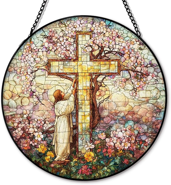 Cross Flower Suncatcher Stained Glass Window Hanging, Jesus Christian Wildflower Landscape Sun Catchers Indoor Window Glass Round Wall Decor, Religious Wall Art Hanging Decorations, ＂7.8x7.8＂