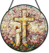Cross Flower Suncatcher Stained Glass Window Hanging, Jesus Christian Wildflower Landscape Sun Catchers Indoor Window Glass Round Wall Decor, Religious Wall Art Hanging Decorations, ＂7.8x7.8＂