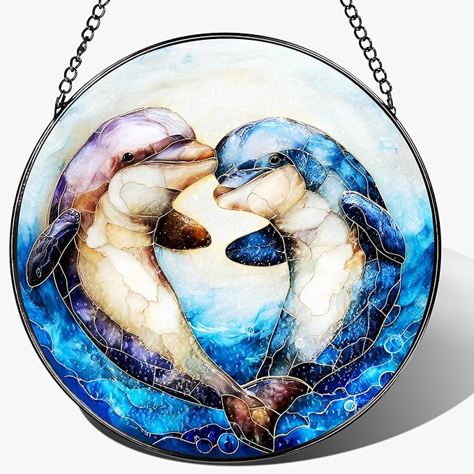 Stained Glass Window Hanging, 8 Inch Dolphin Sun Catcher Decor, Stained Glass Ornament, Suncatchers for Windows Hanging, Window Decor, Dolphin Gifts, Gift for Couples