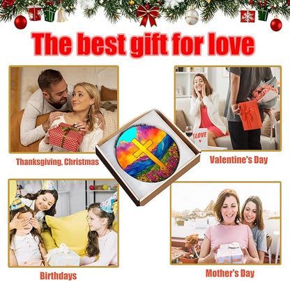 7.88'' Glass Window Hanging, Colorful Cross Sun Catchers Glass Panel for Window, Christian Evening Glow Suncatcher Decor with Hook Chain for Mother's Day Birthday for Women, Men, Wife, Aunt, and Mom