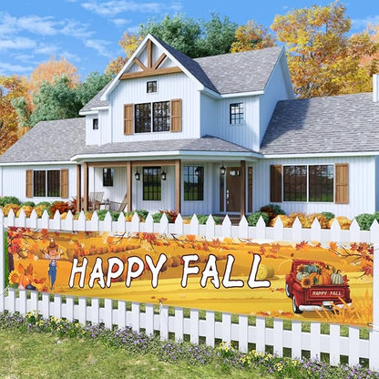 Probsin Happy Fall Banner 120"x 20" Decorations Outdoor Thanksgiving Decor Autumn Yard Signs Party Supplies Red Truck Pumpkin Holiday Harvest Welcome Hanging Backdrop for Garden Fence Yard Lawn Porch