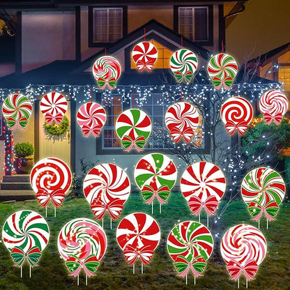 12 PCS Christmas Outdoor Yard Signs Candy Decorations Outdoor Peppermint LED Lights Xmas Yard Stakes Hanging Ornaments Holiday Garden Sign Cardboard Signs for Party Porch Lawn Walkway Decor