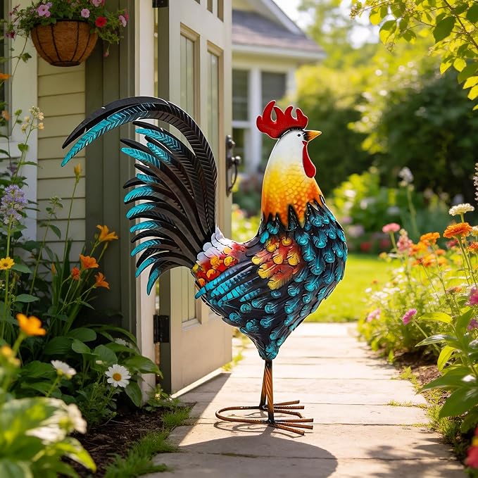 32in Large Metal Rooster Decor, Outdoor Garden Statues, Metal Chicken Sculpture for Backyard Patio Garden Kitchen Décor