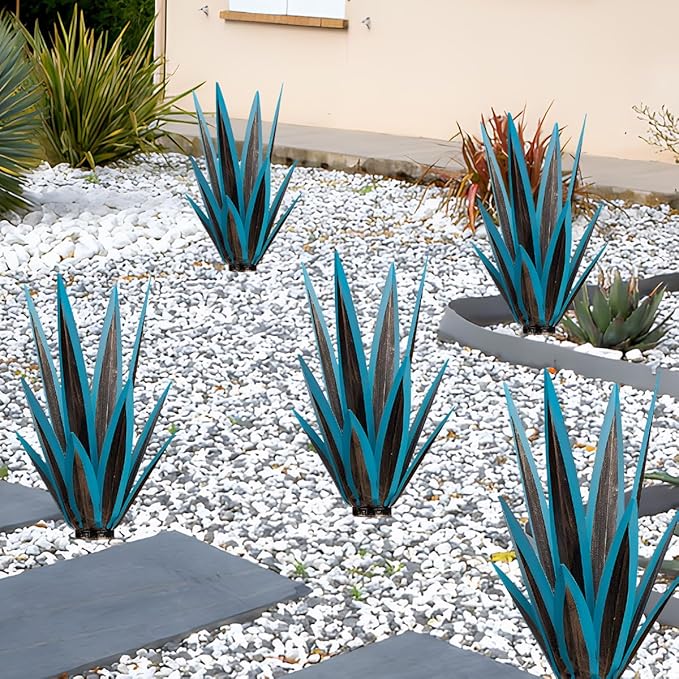 Large Tequila Rustic Sculpture, Wind Resistant Metal Agave Plants Garden Art for Outdoor Home Decor, DIY Hand Painted Metal Agave Yard Sculpture Statue Garden Lawn Ornament Gift (1, Blue)
