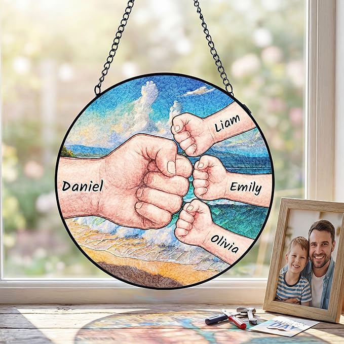 Personalized Fathers Day Birthday Gifts, Custom Stained Glass Windows Hanging with Kids Name, Suncatcher Ornament Decor Gift for Father Dad Grandpa