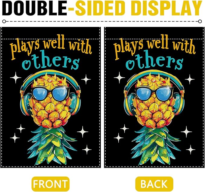 Dyrenson Upside Down Pineapple Decorative Garden Flag, Plays Well With Others Yard Outside Home Decoration, Funny Swinger Party Burlap Outdoor Small Decor Double Sided 12 x 18