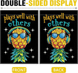 Dyrenson Upside Down Pineapple Decorative Garden Flag, Plays Well With Others Yard Outside Home Decoration, Funny Swinger Party Burlap Outdoor Small Decor Double Sided 12 x 18