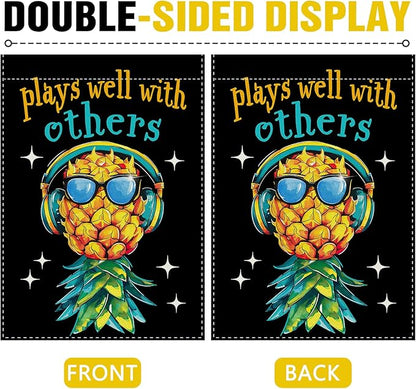 Dyrenson Upside Down Pineapple Decorative Garden Flag, Plays Well With Others Yard Outside Home Decoration, Funny Swinger Party Burlap Outdoor Small Decor Double Sided 12 x 18