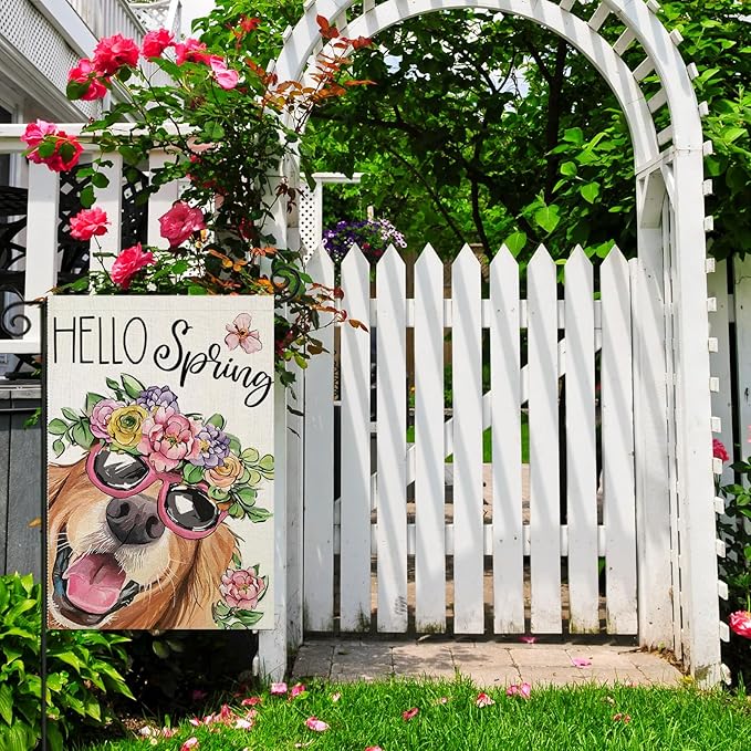 Hello Spring Garden Flags for Outside 12x18 Inch Double Sided, Dog with Flowers Hat Small Yard Decoration, Seasonal Summer Anniversary Wedding Decor for Farmhouse Holiday Outdoor