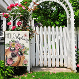 Hello Spring Garden Flags for Outside 12x18 Inch Double Sided, Dog with Flowers Hat Small Yard Decoration, Seasonal Summer Anniversary Wedding Decor for Farmhouse Holiday Outdoor