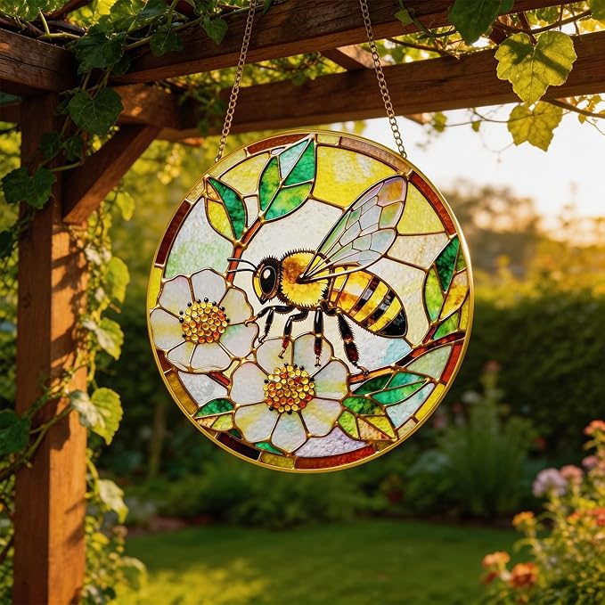 LITIVY Stained Glass Window Hanging, Spring Bees & White Dog Rose Suncatcher – Mother’s Day Memorial Gift, Handmade Glass Panel 8 Inch, Whimsical Garden Suncatchers & Rainbow Maker for Women