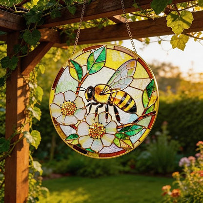 LITIVY Stained Glass Window Hanging, Spring Bees & White Dog Rose Suncatcher – Mother’s Day Memorial Gift, Handmade Glass Panel 8 Inch, Whimsical Garden Suncatchers & Rainbow Maker for Women