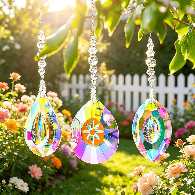 YU FENG 3PCS Crystal Suncatcher Set, Hanging Glass Prism Rainbow Maker for Window, Home & Garden Decor Light Catchers