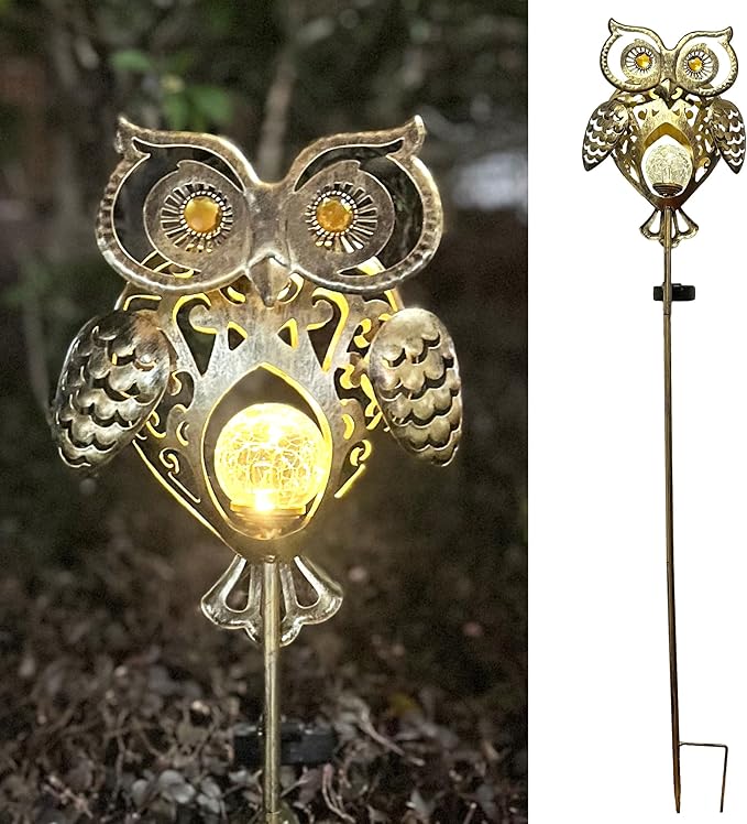 Owl Solar Garden Lights Outdoor, 40.55" Tall Iron Metal Yard Art, Weatherproof Pathway Stakes for Patio Lawn, Unique Owl Statue with Warm LED for Fence Plant Pot Decoration
